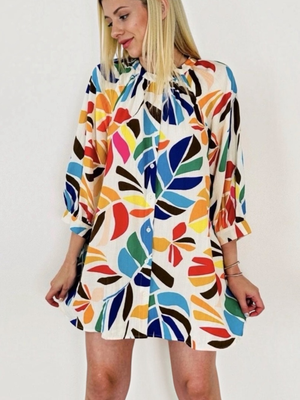Tabitha Brown Botanical Print Puff Sleeve Shirt Dress Women’s Sz Small